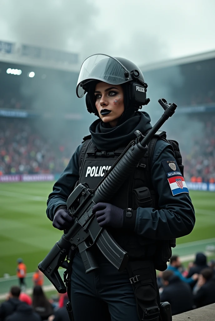 a women with a black riot police uniform with the helmet and camouflage face paint with a sign POLICIJA and a croatian flag with a camouflage face paint and black lips on her guarding a stadium behind her that has a thick black smoke which is covering the stand behind her. she holding the rifile and sees the stands covered in that smoke because she is viewing from the terrace of the stadium