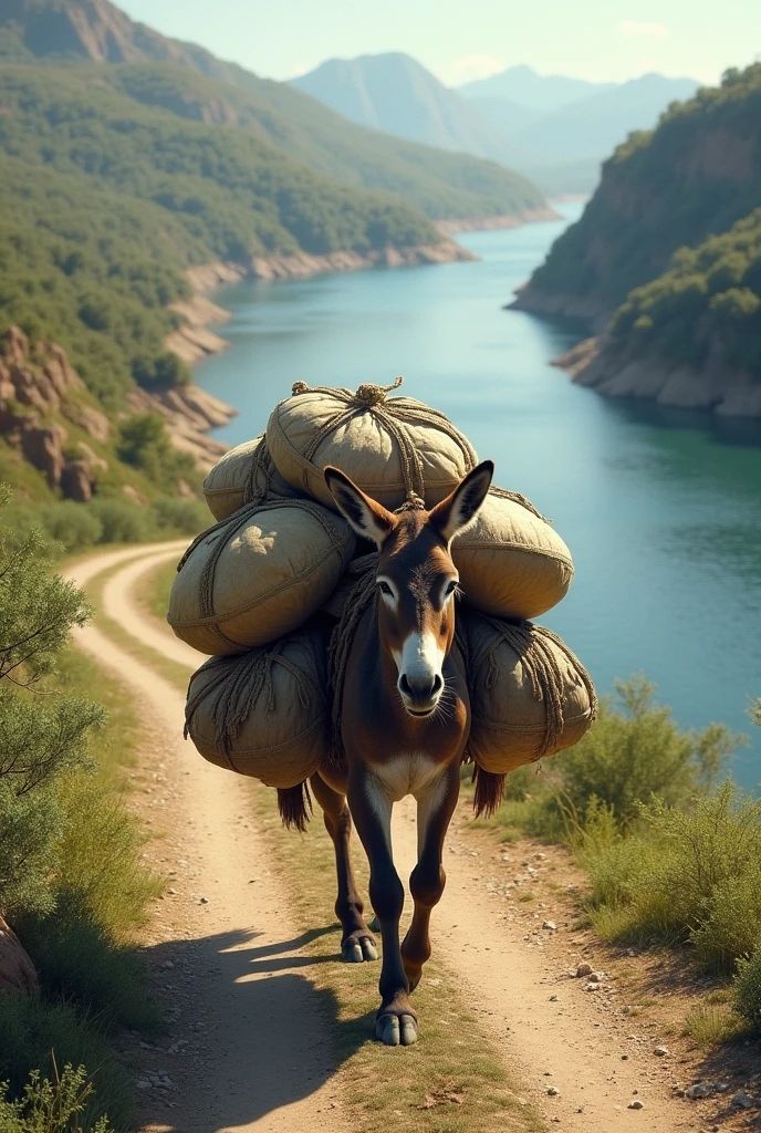 Many sacks on a donkey's back are passing by the road to the site of a large river