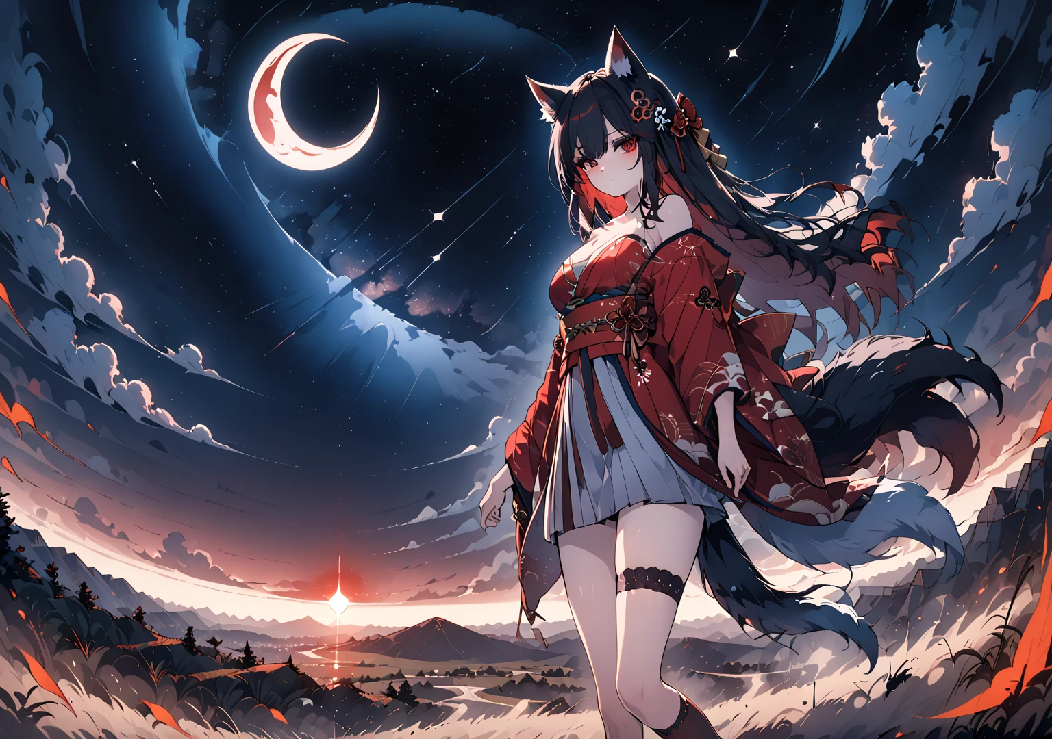 best quality, hyper detailed, beautiful, female, neutral, walking, looking at viewer, hair covering eyes, straight hair, black hair, red mesh hair, red eyes, jitome, pale skin, underweight, beautiful breasts, lanky, slim, japanese clothes, knee socks, boots, with wolf ears, wolf tail, with a crescent moon, with stardust, beautiful, mystical atmosphere, anime, cowboy shot, on left, off shoulder, kimono(black and red), with a hill, with a starry sky,aerial view, dynamic angle, full body shot