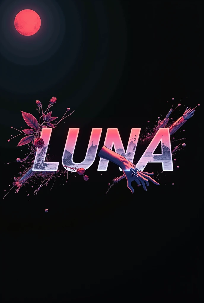 High resolution, logo spelling swiftly “Luna” cool, Jdm theme, anime theme, Cyberpunk vibe name spelling, brand logo, logo for tshirt, brand logo “LUNA”, Waves of hallucinations inside “LUNA, splash, black roses with green leaves, blood moon, horror, ice, hallucinations of peace, sins, skeleton hand holding rose inside “LUNA” white background, 