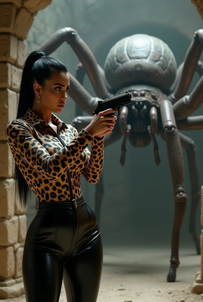 Kim Kardashian with black straight hair in a ponytail, in a tight long shirt with Leoparden pattern with sleeves, and buttons, short cleavage, sie trägt eine schwarze Latex Leggings,she is in a abandoned tomb, her facial expression is aggressive , she aims a gun at someone, behind her is an aggressive giant Spider going to attack her