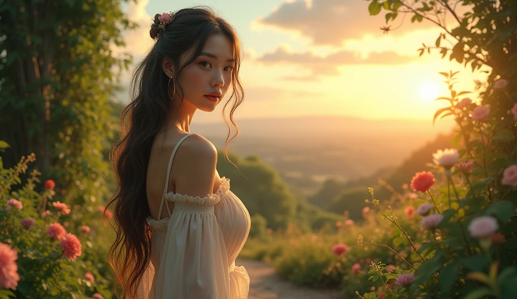 A sexy and cute girl in a beautiful garden, calling and waiting for her boyfriend, hyperrealistic, 8k, high detailed, vibrant colors, lush greenery, dramatic sky, intricate details, masterful lighting, photorealistic, porcelain skin, long flowing hair, alluring expression, graceful pose, delicate floral accents, verdant foliage, wispy clouds, golden hour lighting
