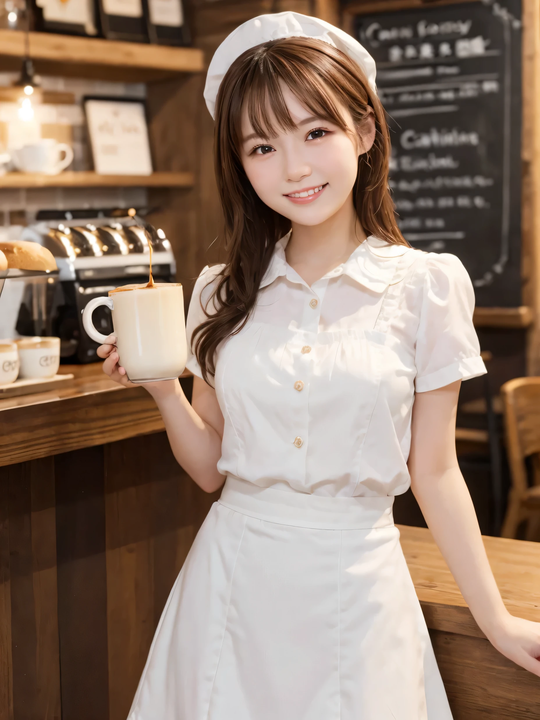 1 girl、(RAW Photos、Highest quality)、(Real、Photoreal:1.4)、Tabletop、Very delicate and beautiful、Very detailed、2k wallpaper、wonderful、Detailed、very detailedCG Unity 8K wallpaper、Super detailed、1、High resolution、(White waitress outfit)、Long skirt、Elegant skirt、Frills、ribbon、Soft Light、Beautiful detailed girl、Cafe waitress、Medium Hair、ponytail、smile、Happy Face、Cafe、coffee shop、latte Art
