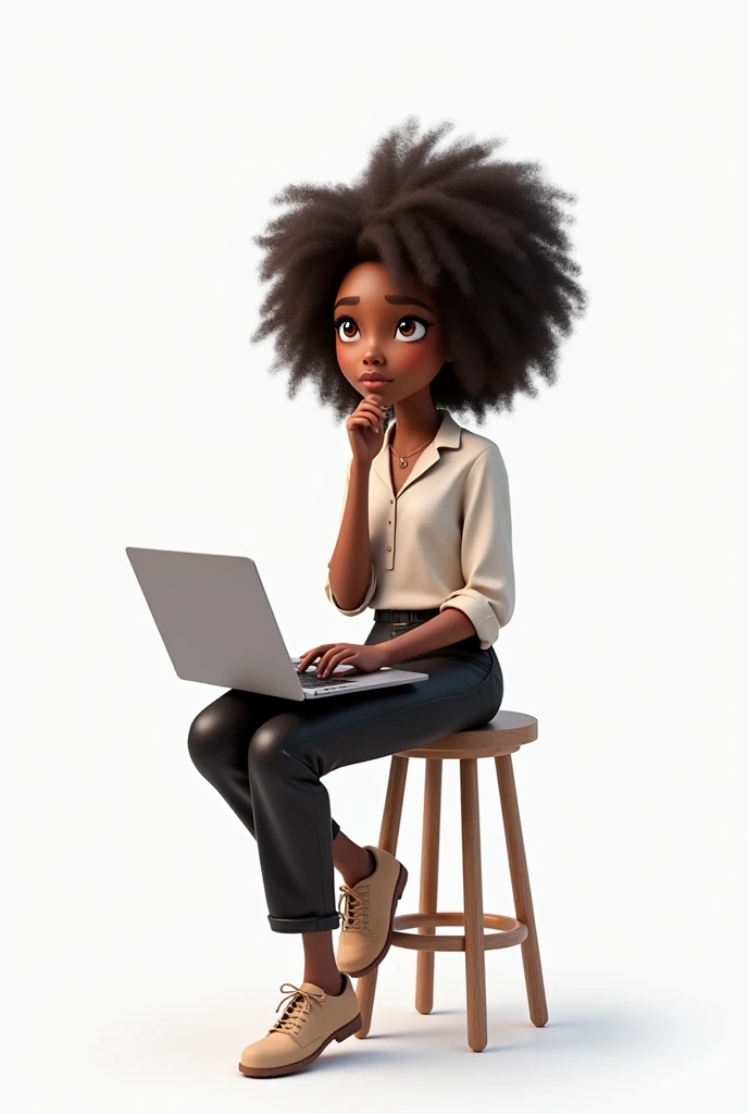 A black girl with curly hair a semi-professional outfit sitting on a stool with a laptop on her lap. She gazes thoughtfully to the upper left. The background is white, emphasizing her confident and contemplative pose