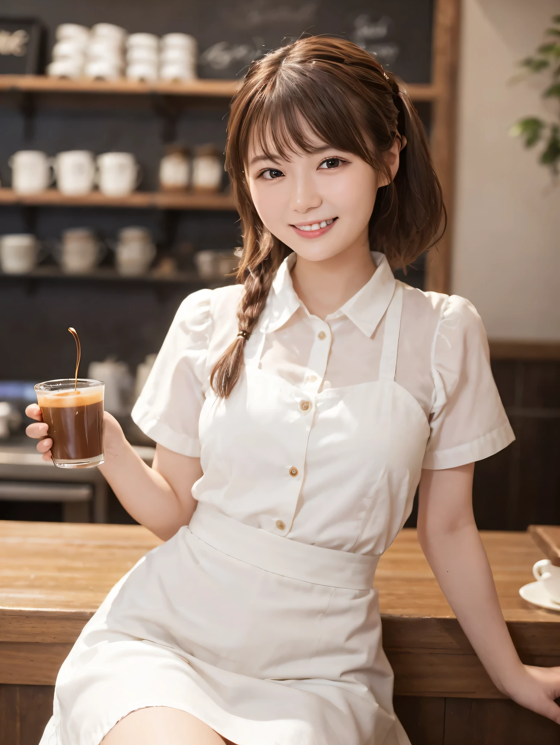 1 girl、(RAW Photos、Highest quality)、(Real、Photoreal:1.4)、Tabletop、Very delicate and beautiful、Very detailed、2k wallpaper、wonderful、Detailed、very detailedCG Unity 8K wallpaper、Super detailed、1、High resolution、(White waitress outfit)、Long skirt、Elegant skirt、Frills、ribbon、Soft Light、Beautiful detailed girl、Cafe waitress、Medium Hair、ponytail、smile、Happy Face、Cafe、coffee shop、latte Art