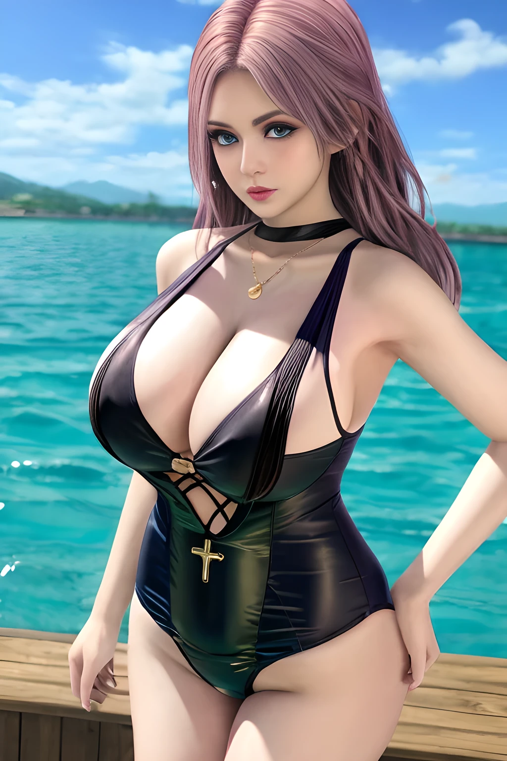 1girl ,BREAK ( fashionable Fishingnet swimsuit:1.3), the upper part of her swimsuit is white with black edges and designed into a cross-V-neck style. The lower part is black, showing a pleated design and the skirt is slightly flared. The overall style looks sexy and fashionable. ,, huge breasts,mature women, (masterpiece), best quality,elise