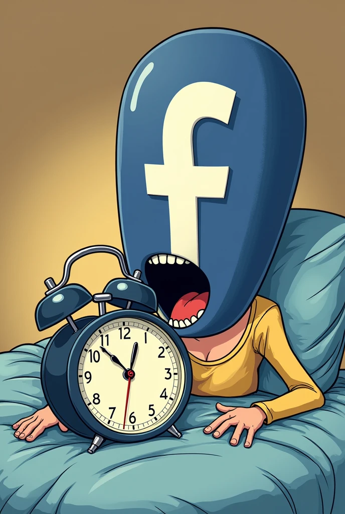 Person with a head of fb logo open mouth laying on her bed staring the medium size of clock wanting to eat the clock (comic style)