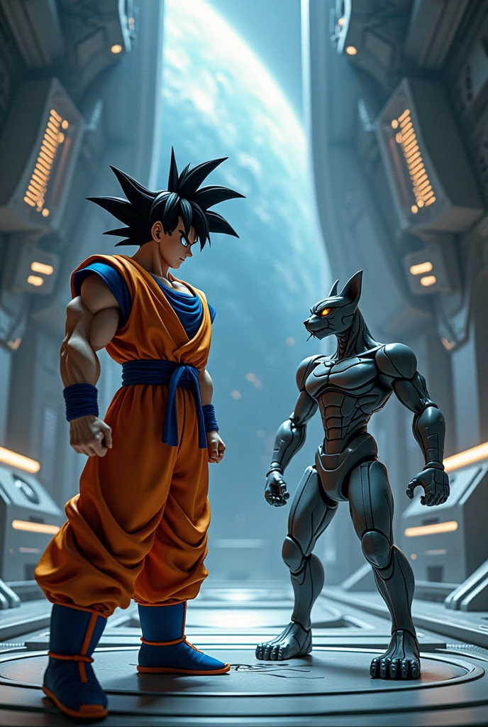 Goku saiyan front standing bugatti cat futuristic in spaceship