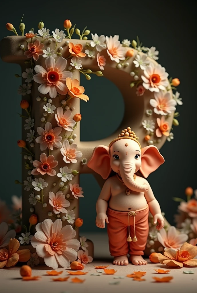 A cute, Lord Ganesh, standing next to a large, black letter “R” adorned with white and orange flowers. The background is simple dark, and the lighting is soft and warm. full hd quality picture, 32k quality images.