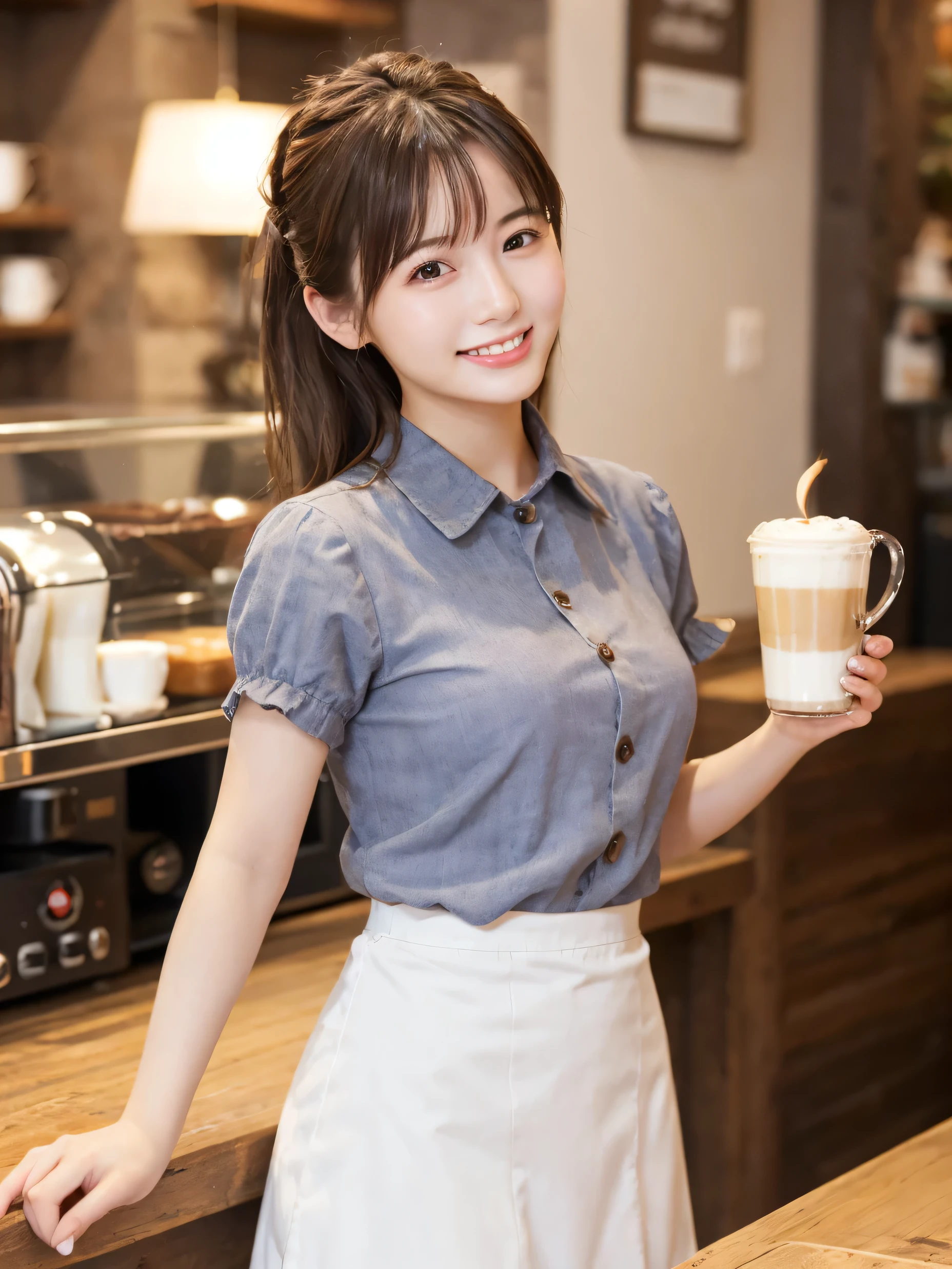 1 girl、(RAW Photos、Highest quality)、(Real、Photoreal:1.4)、Tabletop、Very delicate and beautiful、Very detailed、2k wallpaper、wonderful、Detailed、very detailedCG Unity 8K wallpaper、Super detailed、1、High resolution、((White waitress outfit))、Long skirt、Elegant skirt、Big Breasts、Frills、ribbon、Soft Light、Beautiful detailed girl、Cafe waitress、Medium Hair、Twin tails、smile、Happy Face、Cafe、coffee shop、latte Art