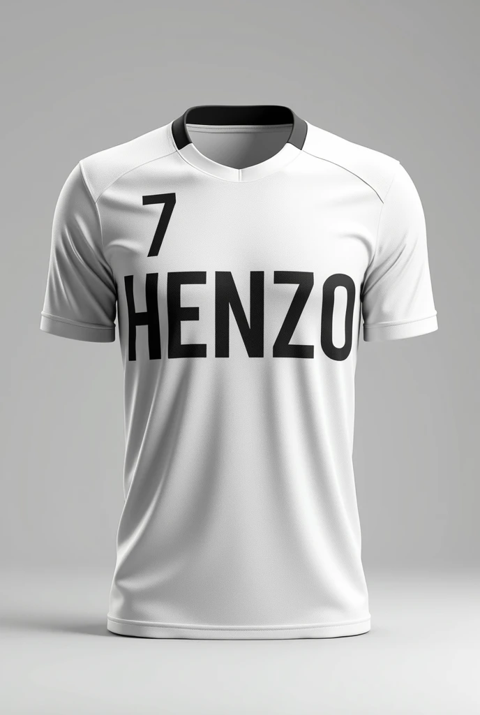 make a white soccer shirt with the word henzo written on it and the number 7 on the back
