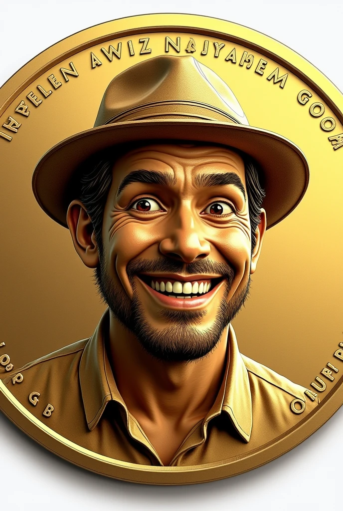 Gold coin with a man's face, rounded face, with a cangaceiro hat, flat nose,droopy eyes and thick eyebrows, smiling