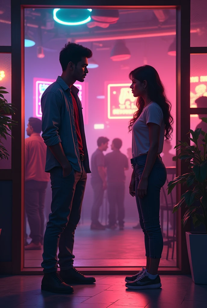 a picture of A young modern arrogant but studious Indian 1 boy stands drunk outside a nightclub, and a typical Indian teenage girl stands aloof and watches the boy,