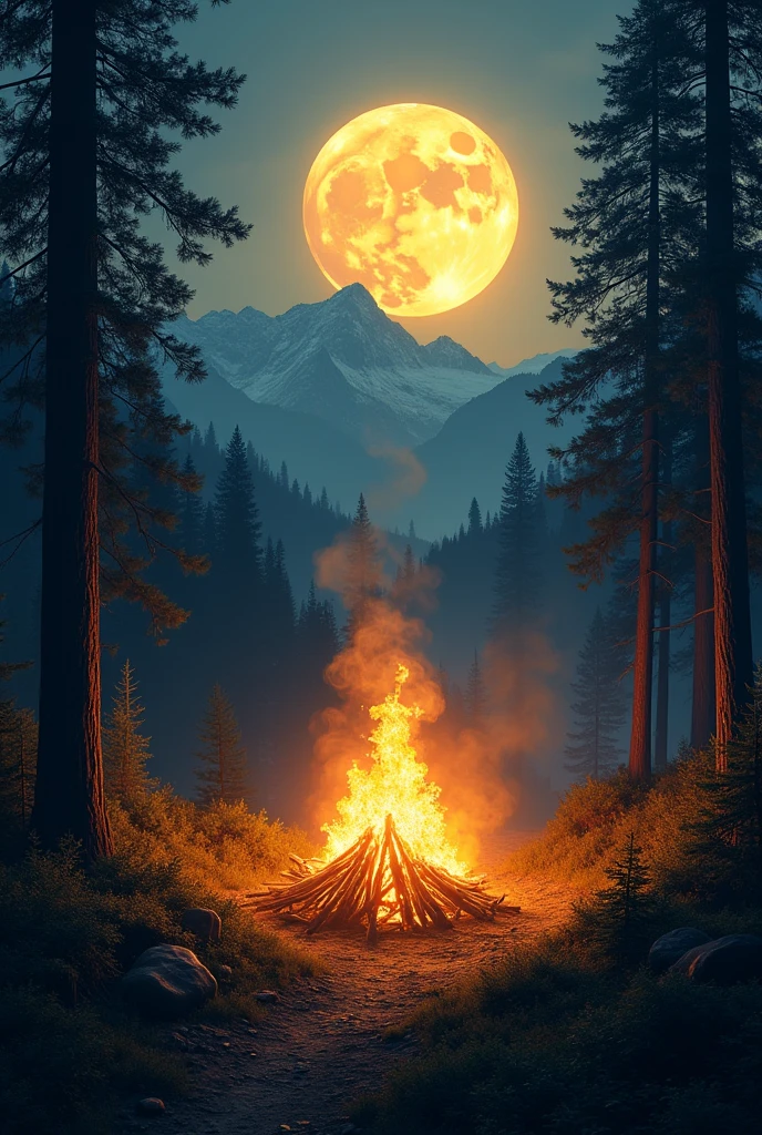 fire in the forest under the big yellow moon and have mountain Background