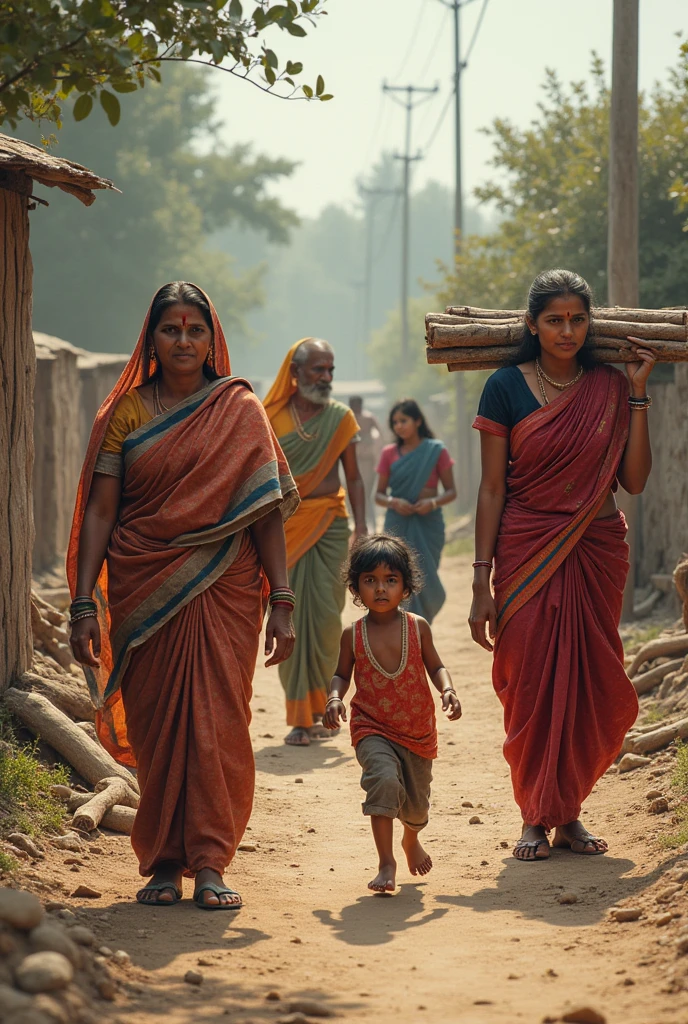 Generate Indian women walking into the rural and very undeveloped area arround and an old man sitting Alongside and also 1 small girl and boy playing alongside and 1 man with axe and wood on his shoulders. Take into consideration that I want real men and women who like natural and same as me or any other human and not an painting