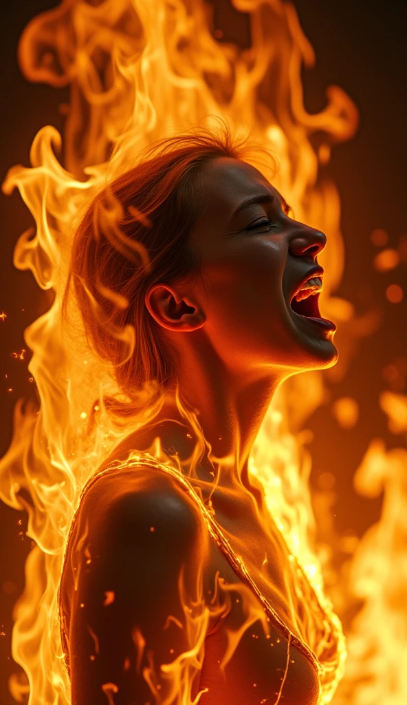 hyper-realistic closeup, Fire over and entirely engulfing and covering a screaming  girl, flames wrap and curl over the girl as they flow over her and burn her, the girl is fully ablaze, the girl is screaming in pain as she burns to death, trapped inside a steel furnace filled with fire, flames block the girl almost entirely, her skin is blackened and charred, her body is on fire