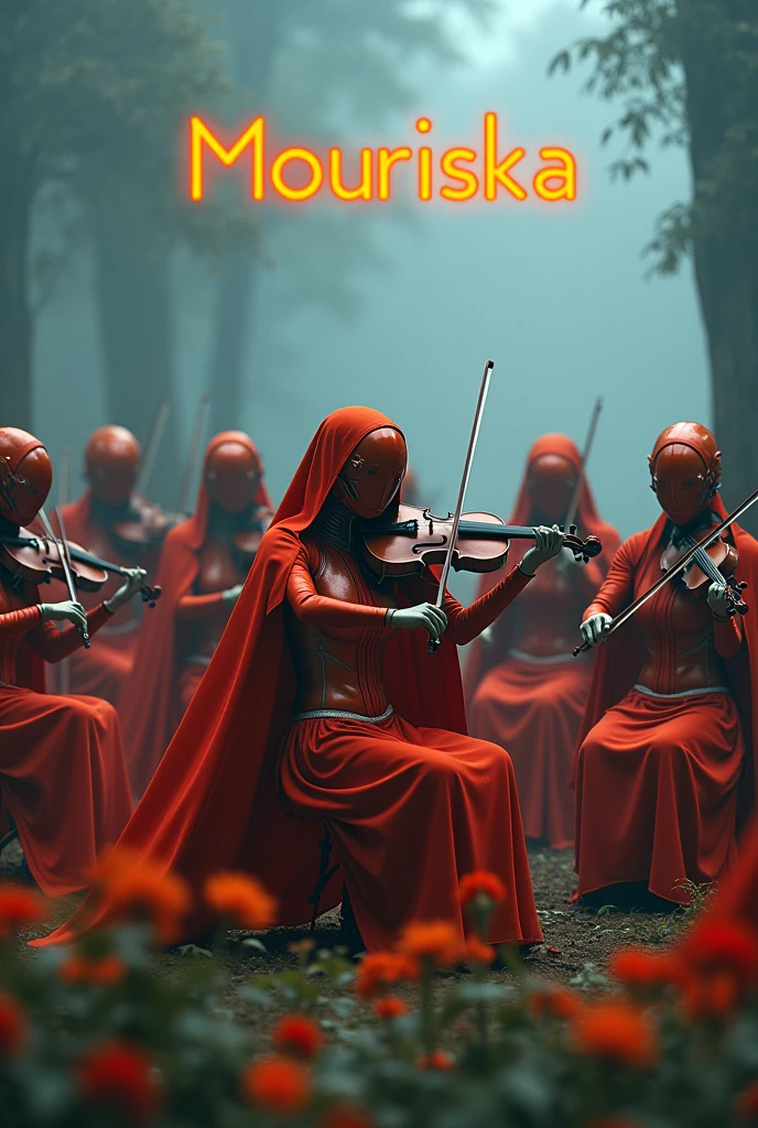 Cyborg wemen orchestra sitting playing violencelle and all of them wearing red cape,vivid cinematic4k colors in a foggy forrest, the wemen should look like faminine with orange metallic headmake it as cover music album with the na Mouriska writed in futuristic orange