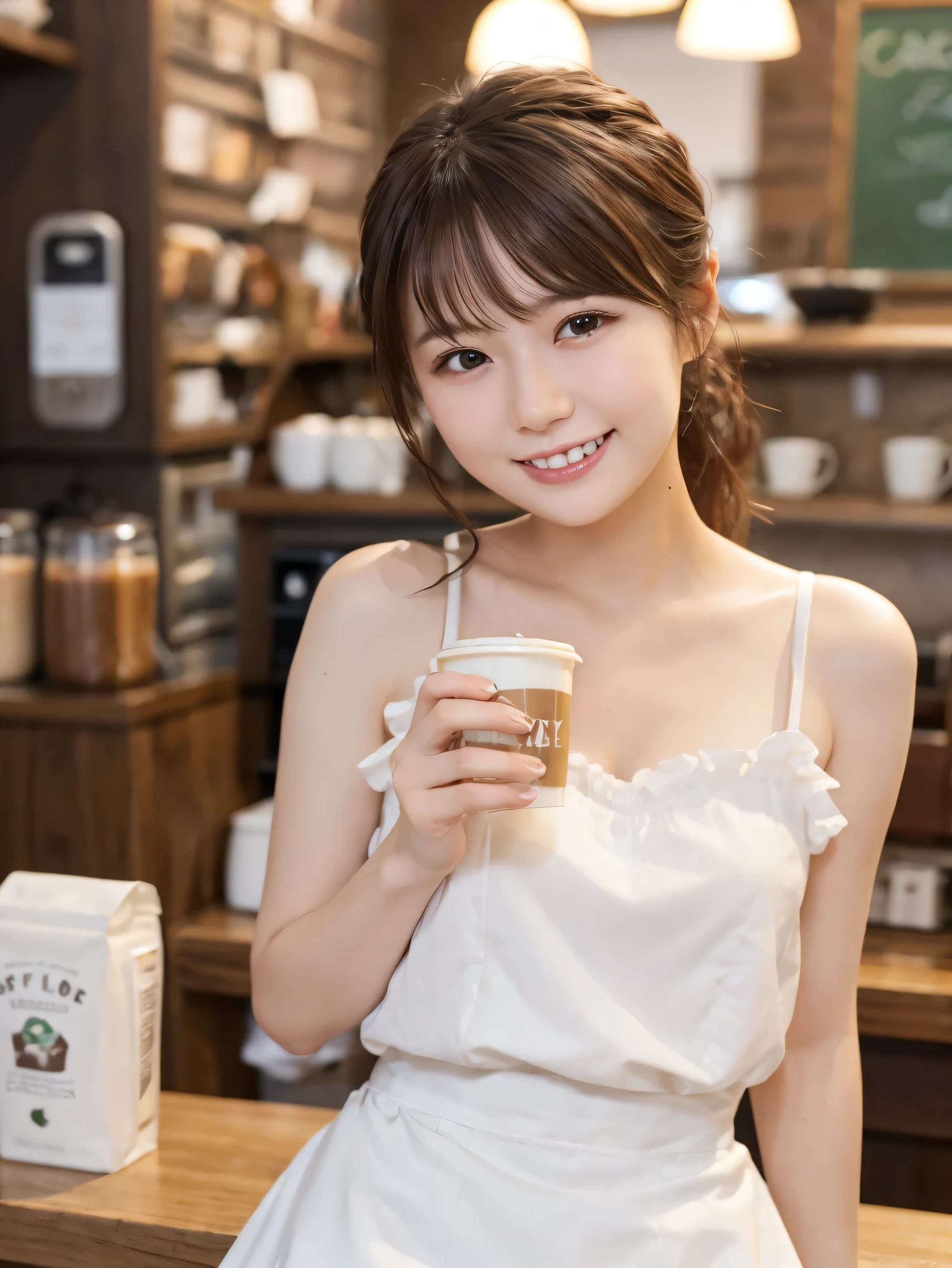1 girl、(RAW Photos、Highest quality)、(Real、Photoreal:1.4)、Tabletop、Very delicate and beautiful、Very detailed、2k wallpaper、wonderful、Detailed、very detailedCG Unity 8K wallpaper、Super detailed、1、High resolution、(White waitress outfit)、Long skirt、Elegant skirt、Frills、ribbon、Soft Light、Beautiful detailed girl、Cafe waitress、Medium Hair、ponytail、smile、Happy Face、Cafe、coffee shop、latte Art