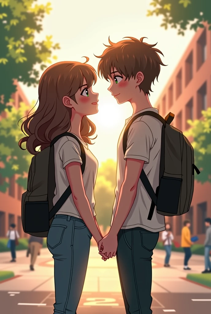 two high school students，a blush，a smile，on the high school campus