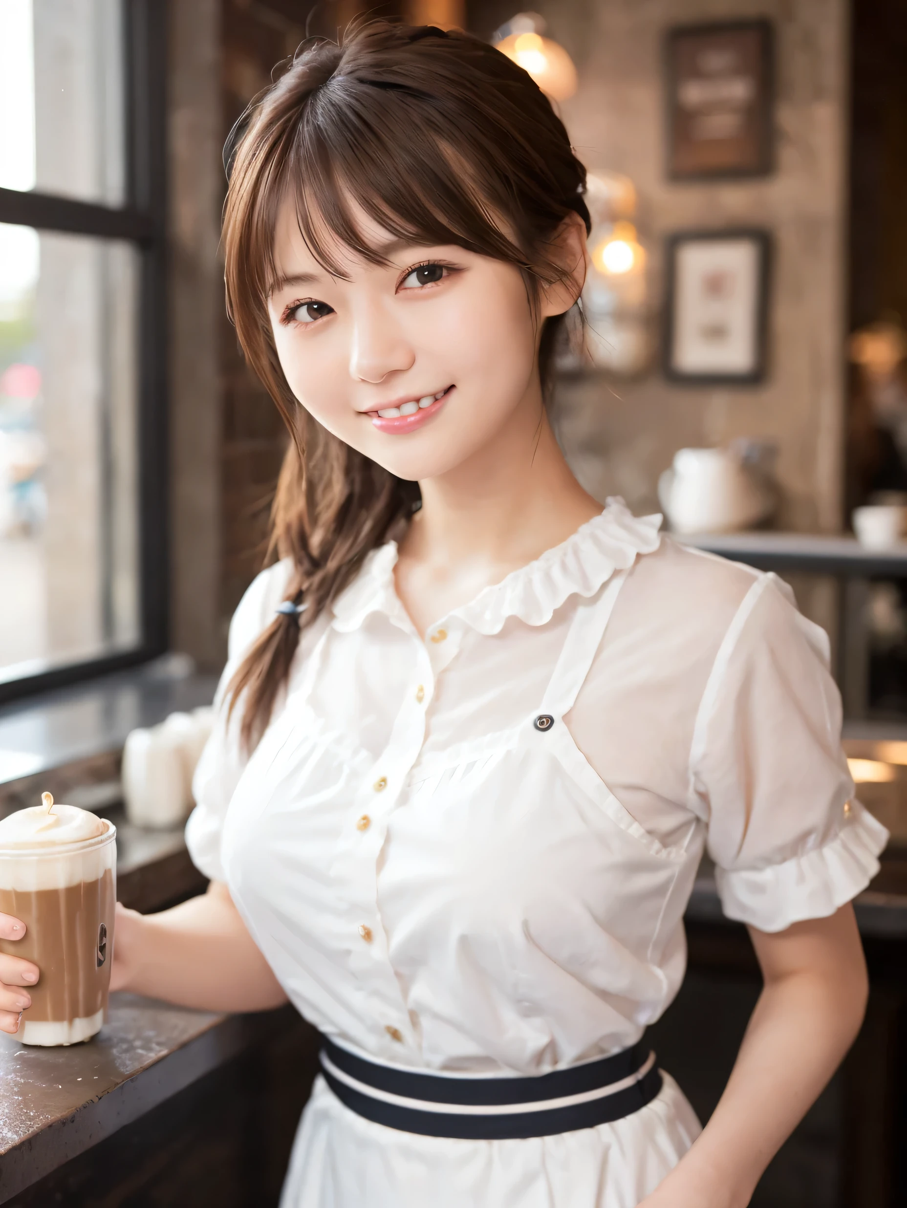 1 girl、(RAW Photos、Highest quality)、(Real、Photoreal:1.4)、Tabletop、Very delicate and beautiful、Very detailed、2k wallpaper、wonderful、Detailed、very detailedCG Unity 8K wallpaper、Super detailed、1、High resolution、(White waitress outfit)、Long skirt、Elegant skirt、Big Breasts、Frills、ribbon、Soft Light、Beautiful detailed girl、Cafe waitress、Medium Hair、ponytail、smile、Happy Face、Cafe、coffee shop、latte Art