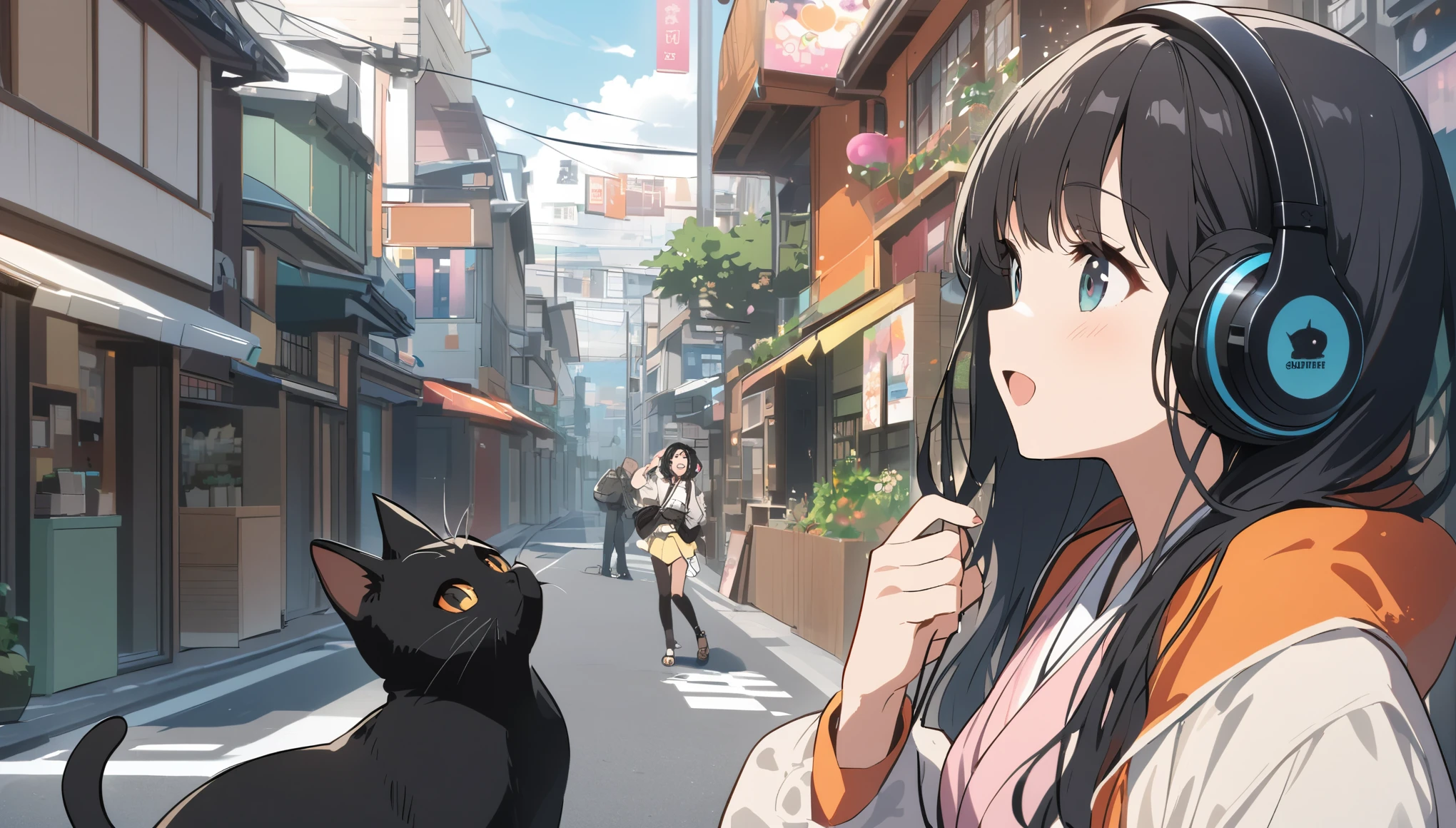 A woman with black hair and cute clothes having fun talking to a black cat,Streetscape、Listening to music with headphones、Japanese