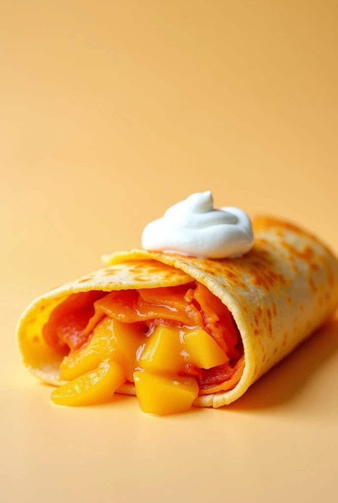 color orange crepe burrito with mango filling and yogurt. cut in half. in the bottom left corner as background