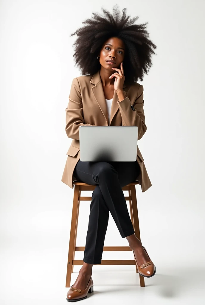 A black girl with curly hair a semi-professional outfit sitting on a stool with a laptop on her lap. She gazes thoughtfully to the upper left. The background is white, emphasizing her confident and contemplative pose