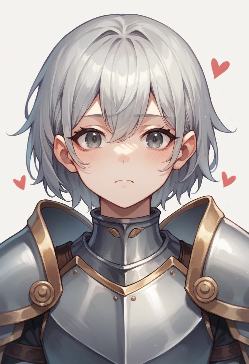 Silver haired girl with gray eyes with heart shaped face and stoic expression around 26 of age wearing a silver armour