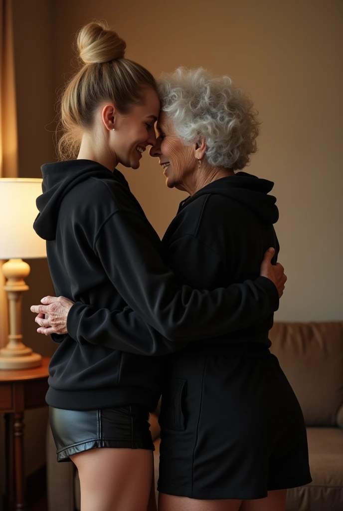 black woman hair in a bun black hoodie black leather short shorts getting fucked in the ass by a old age white grandma in a dress in a living room 