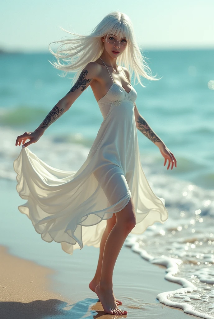 European girl with long straight white hair with bangs blue eyes with glasses tattooed in a tight white dress with a big tail barefoot dancing on the shore of a beach
