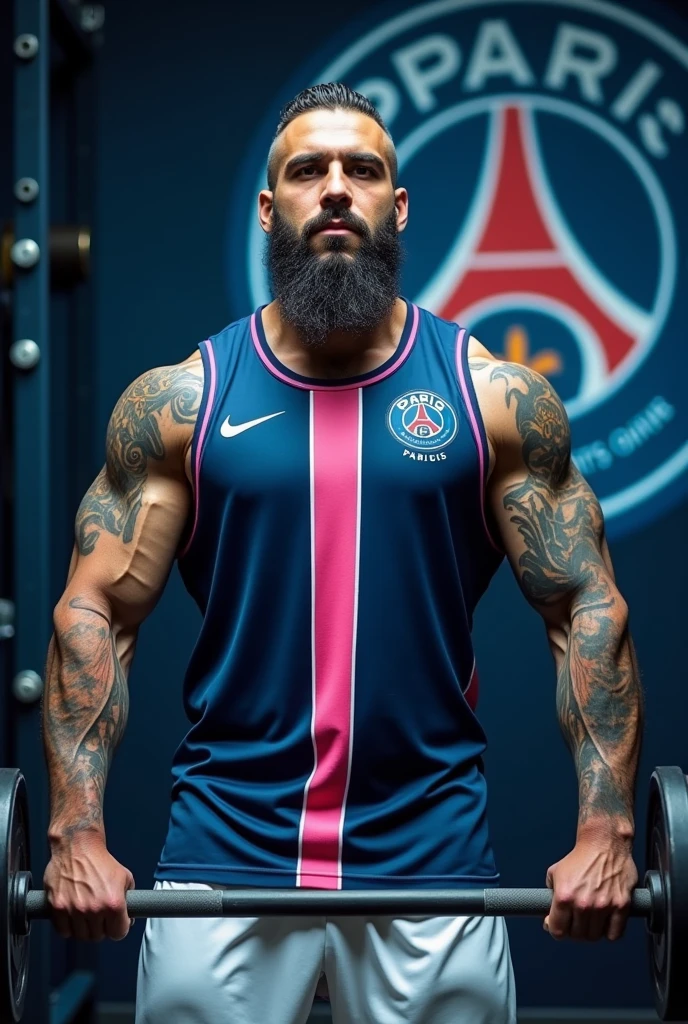 Muslim man gangster white skin thick lips athletic body masculine energy and sexy defined chin trimmed beard short hair shaved on the sides with gradient and braids on the sides colorful tattoo, He wears a white sleeveless PSG uniform with a central pink stripe and white shorts.. Train in a gym with a panoramic view of the stadium, with navy blue tones and the PSG symbol on the wall, is doing Dumbbell Lying Row exercise. Photoshoot, 8k