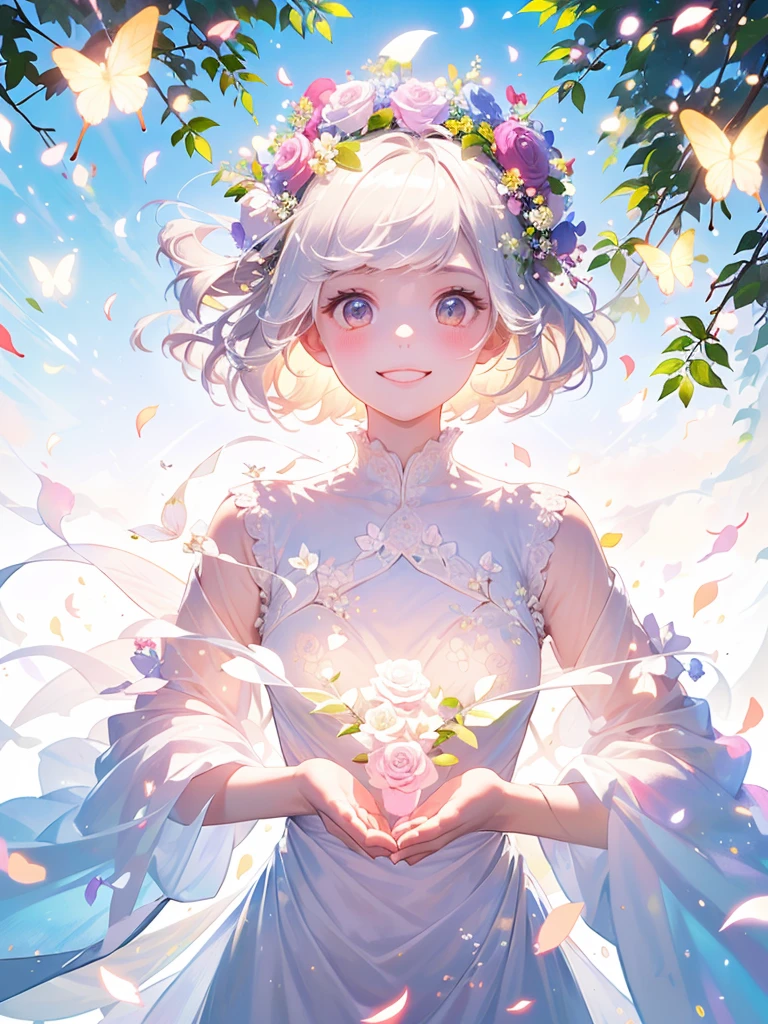 (masterpiece、Highest quality、Highest quality、Beautiful and beautiful:1.2)、(Perfect Anatomy:1.2)、Milky white straight hair girl、Butterfly Fairy、Floral costume、A radiant smile、Looking up at the sky、pray。、Flowers and leaves on head、Rose flowers blooming profusely、Rose Garden