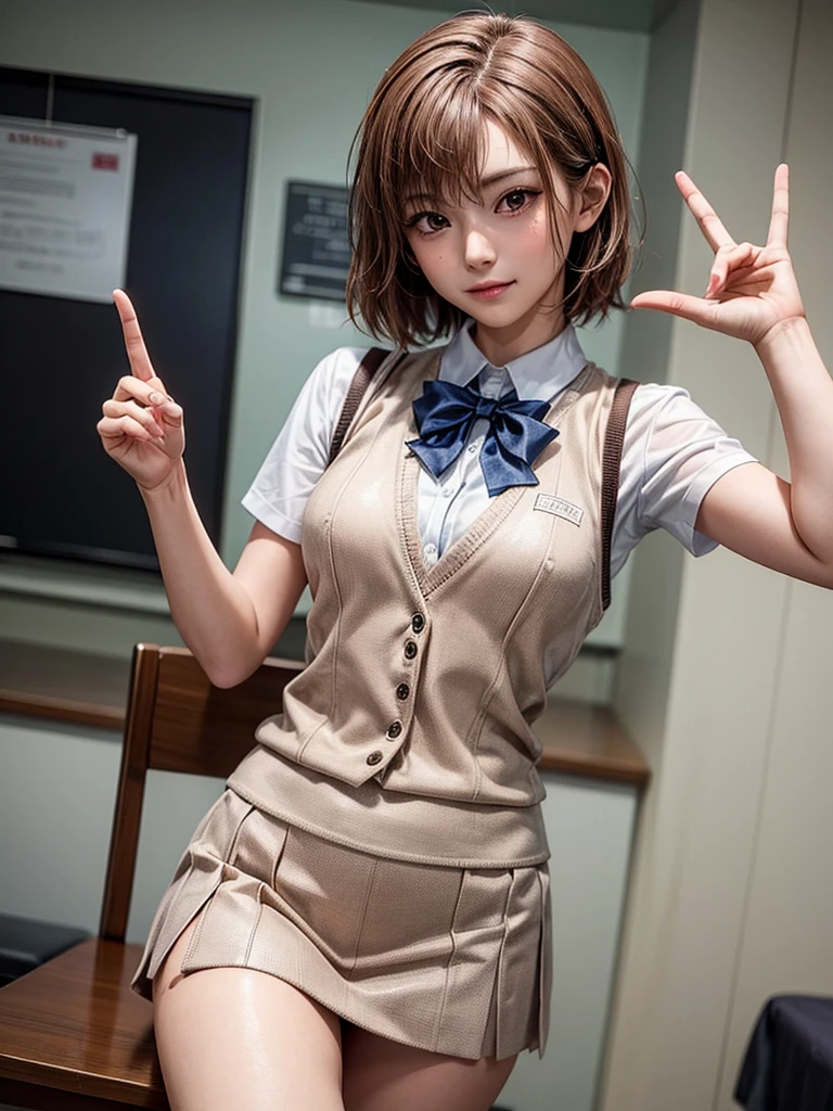 Masterpiece, Top Quality, Top Mikoto, brown eyes, short hair, small breasts, looking at viewer, alone, closed mouth, collared shirt, beige knit vest, dark blue Skirt, school_uniform, shirt, white_shirt, classroom,Masterpiece, highest quality, 8K, detailed skin texture, fine cloth texture, beautiful detailed face, intricate details, super detailed,cute,cute posing,composition that shows the whole body, brown hair,Pointing a finger like a gun, aiming straight ahead, gun hand sign, detailed finger