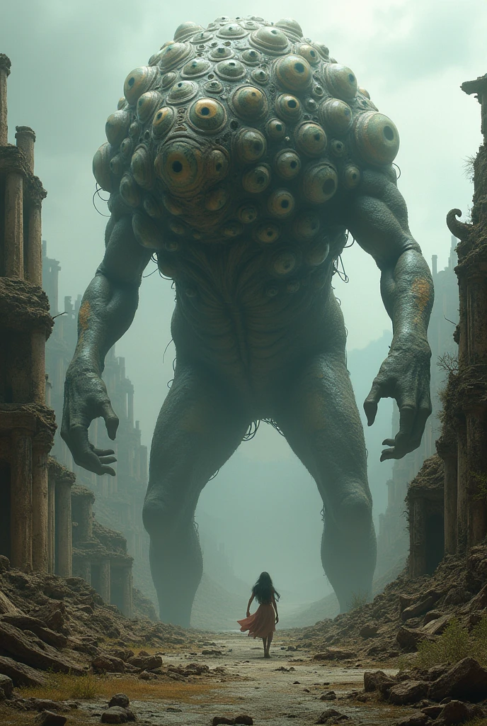 Non-human Many people Lots of eyeballs grotesque monster ruins