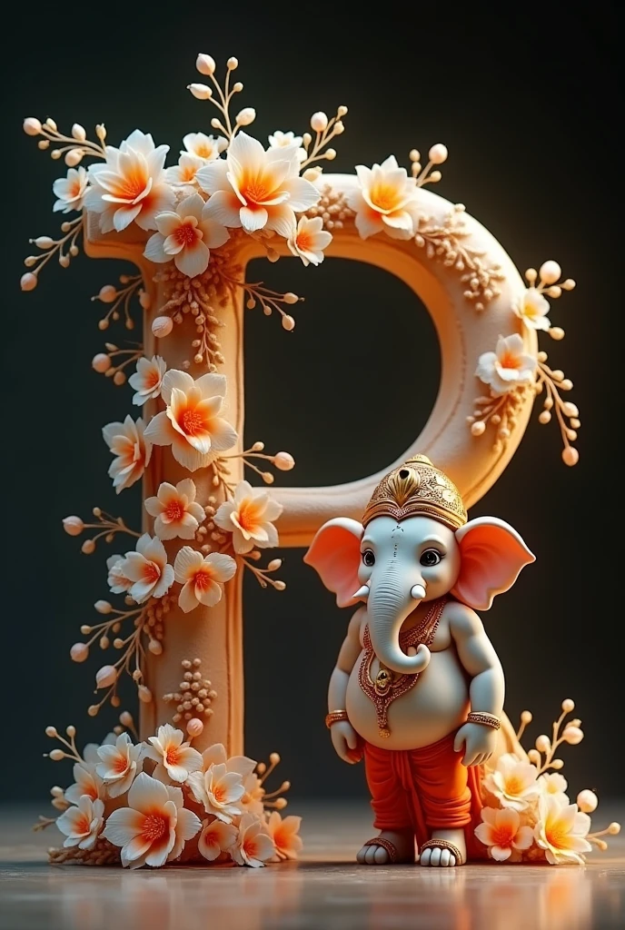 A cute, Lord Ganesh, standing next to a large, black letter “R” adorned with white and orange flowers. The background is simple dark, and the lighting is soft and warm. full hd quality picture, 32k quality images.