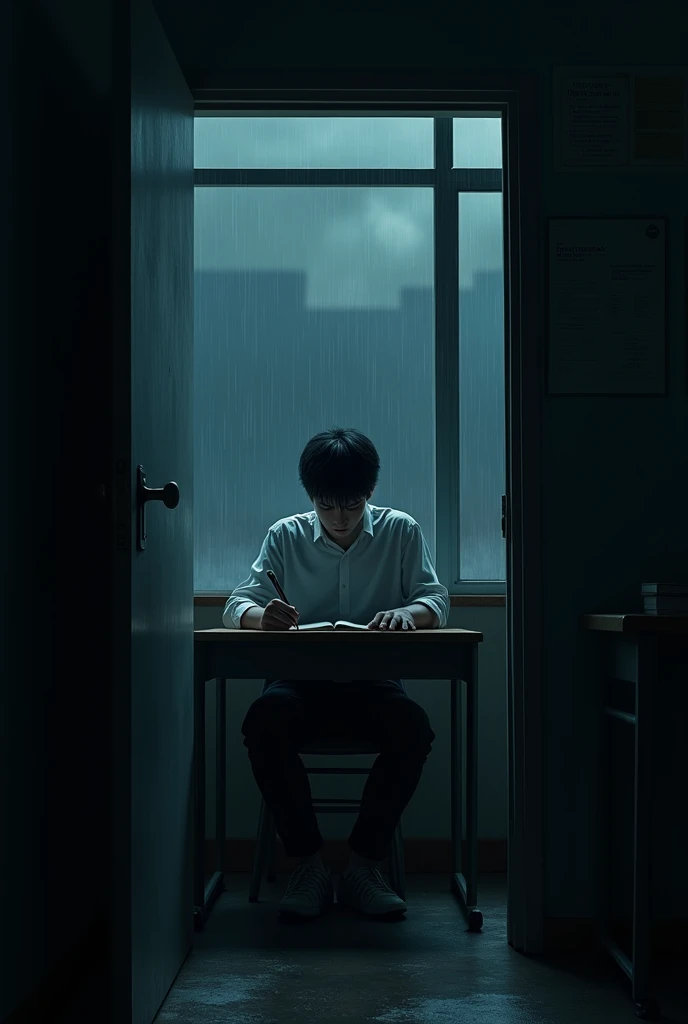 A young boy, about 20 years old, sits in a large classroom. He sits alone in the dark, he wears a white shirt, long black pants, he is sitting, holding a pen, doing his homework on a paper on the table. He looks out the window (in front of the camera but not looking at the camera). Outside, it is raining and the sky is dark. The camera angle is a close up shot, looking through the door. Horror theme.