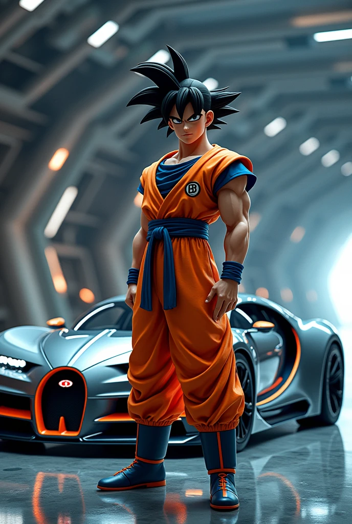 Goku saiyan front standing bugatti car
futuristic in spaceship