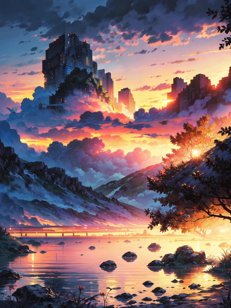 "A mesmerizing sunset scene on the last day of summer, mesmerized by the majestic golden rays of sunlight and clouds., creating an impressive and vibrant color palette. Detailed landscapeHigh resolution, Best quality, In detail, high detail, Ultra-high clarity, 