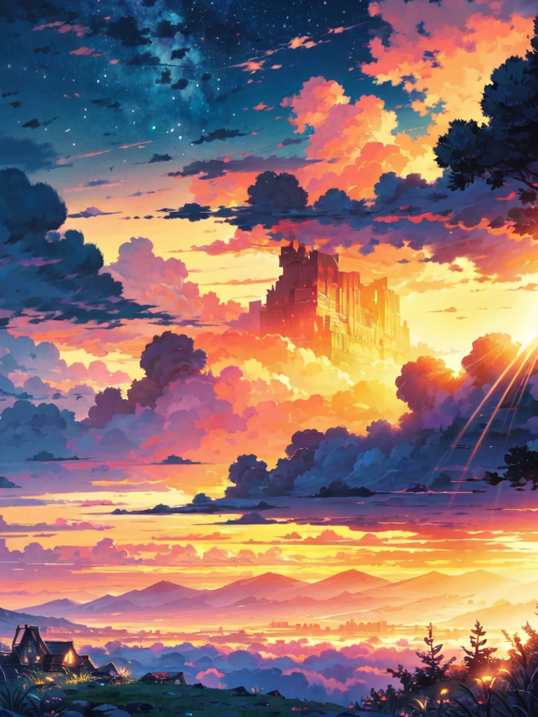 "A mesmerizing sunset scene on the last day of summer, mesmerized by the majestic golden rays of sunlight and clouds., creating an impressive and vibrant color palette. Detailed landscapeHigh resolution, Best quality, In detail, high detail, Ultra-high clarity,