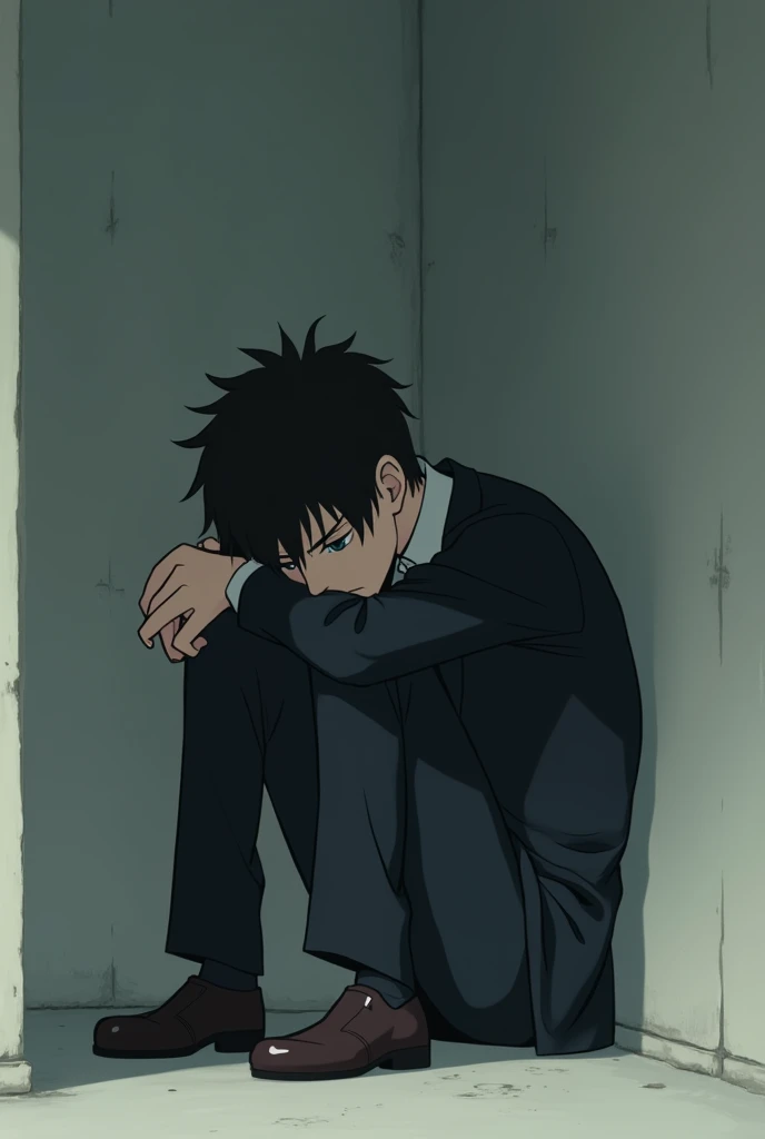 anime. anime man, traumatized in a corner, with formal clothes, anime.