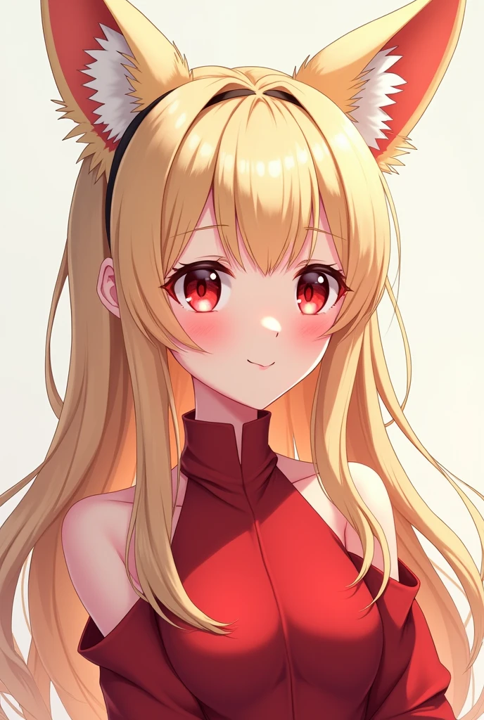 Light blonde anime girl, Eyes red , 
three red hair strands in the front of the hair, blonde fox ears, ssmile
, long hair, face photo, red fashion dress clothes