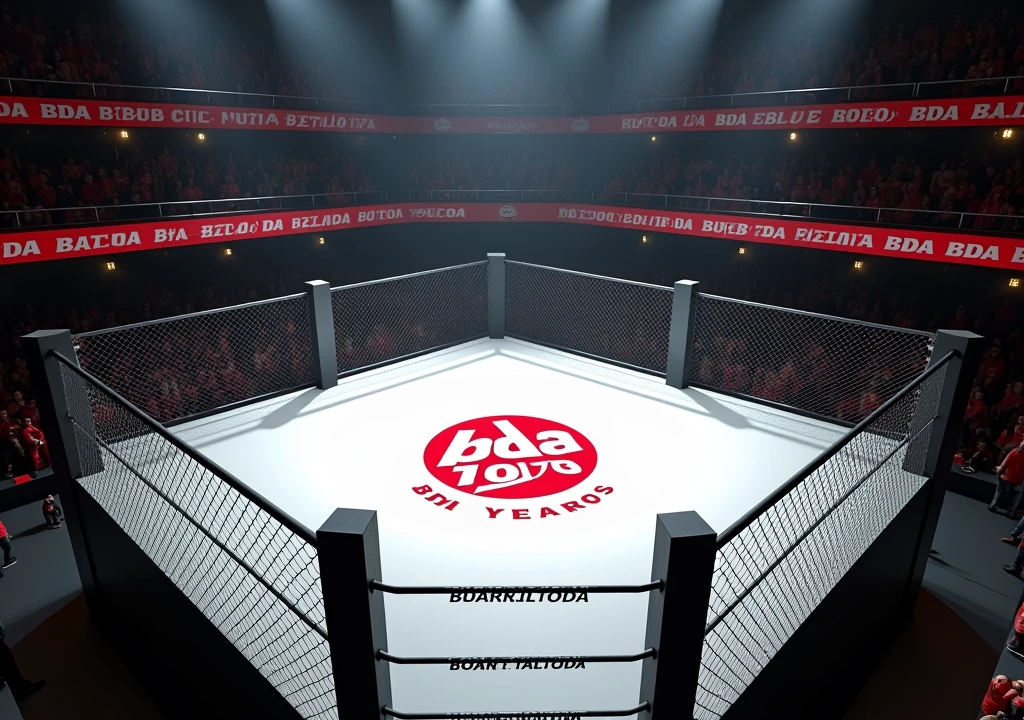 Fighting ring, the stage is white and in the center the following words are written in Portuguese (" BDA 10 years") . Instead of ropes are bars . The posts are black and the following words are written on them in Portuguese ("BDA 10 years"). The ring is empty with no fighters and the audience is cheering wildly and we are seeing the ring in first person as if we were inside in first person we have a very realistic view from inside the ring