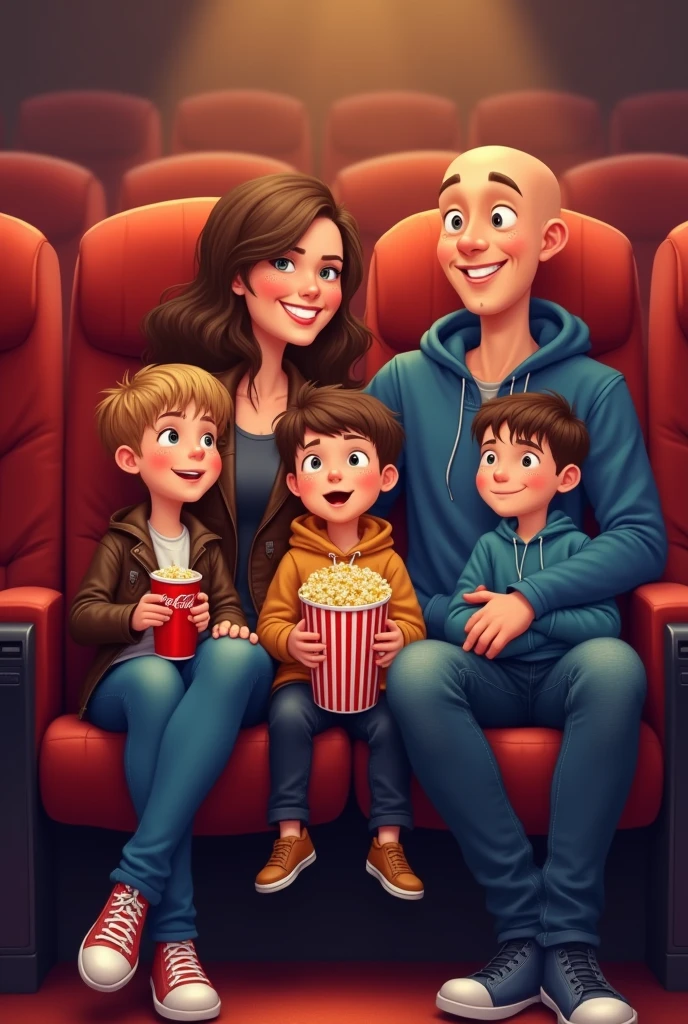 cartoon. A family is sitting in a movie theater. the family is dad mom and two boys and . They are drinking Coca Cola, eating popcorn. Mom is tall, has light brown hair and blue eyes., She is 4, beautiful . Two sons aged 7 and a son aged 4, naughty cute rascals. dad bald in blue hoodie and jeans. Mom is wearing a leather sulfur jacket and jeans, the boys are wearing black jeans and hoodies. The cinema has soft brown chairs.. a high resolution, masterpiece, Best quality,