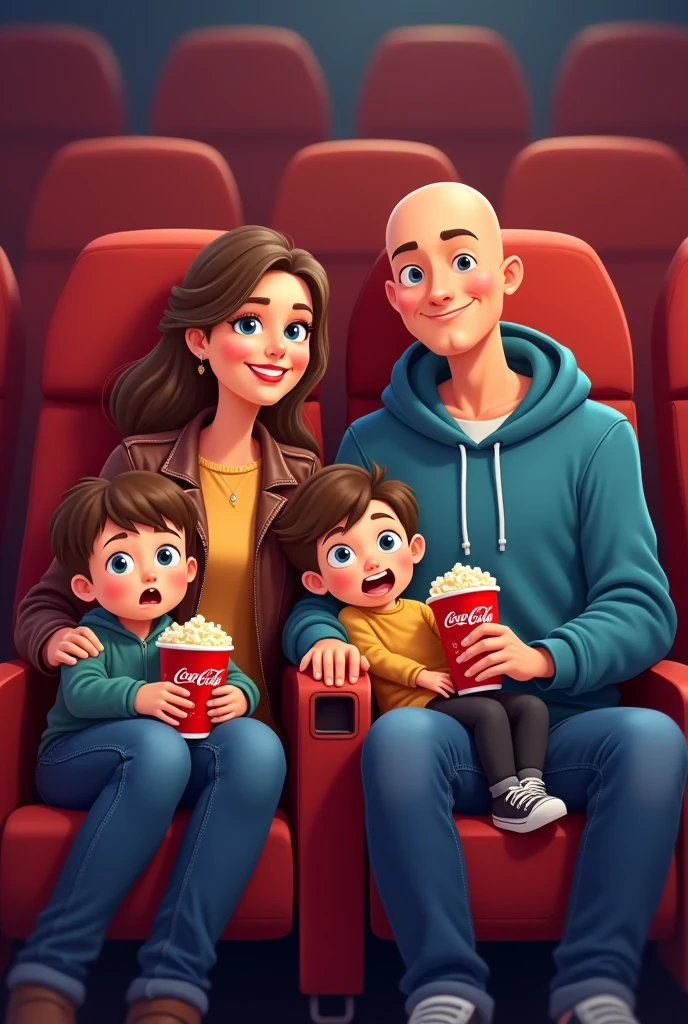 cartoon. A family is sitting in a movie theater. the family is dad mom and two boys and . They are drinking Coca Cola, eating popcorn. Mom is tall, has light brown hair and blue eyes., She is 4, beautiful . Two sons aged 7 and a son aged 4, naughty cute rascals. dad bald in blue hoodie and jeans. Mom is wearing a leather sulfur jacket and jeans, the boys are wearing black jeans and hoodies. The cinema has soft brown chairs.. a high resolution, masterpiece, Best quality,