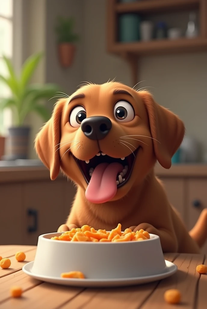 A DOG EATING HIS FOOD AT HOME. HE IS A VERY FUNNY LABRADOR