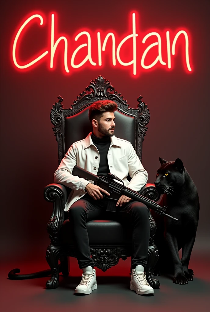 Create a 3D illusion for a profile picture where a 2 cute guy in a white jacket is sitting casually on a throne. With a rifle in his hand. And a ferocious Balck panther next to me. Wearing sneakers, he looks ahead. On the dark brown wall in the background is “Chandan” in large and bold red neon light font. He should neither have a shadow nor wings so that it seems as if he is an angel