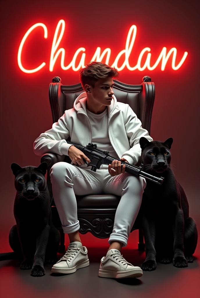 Create a 3D illusion for a profile picture where a 2 cute guy in a white jacket is sitting casually on a throne. With a rifle in his hand. And a ferocious Balck panther next to me. Wearing sneakers, he looks ahead. On the dark brown wall in the background is “Chandan” in large and bold red neon light font. He should neither have a shadow nor wings so that it seems as if he is an angel