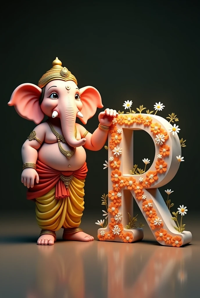 A cute, Lord Ganesh, standing next to a large, black letter “R” adorned with white and orange flowers. The background is simple dark, and the lighting is soft and warm. full hd quality picture, 32k quality images.