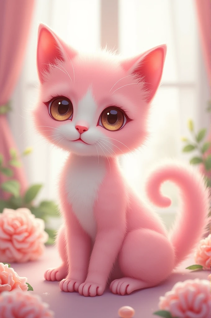 A cute cat with girl body in pink colour