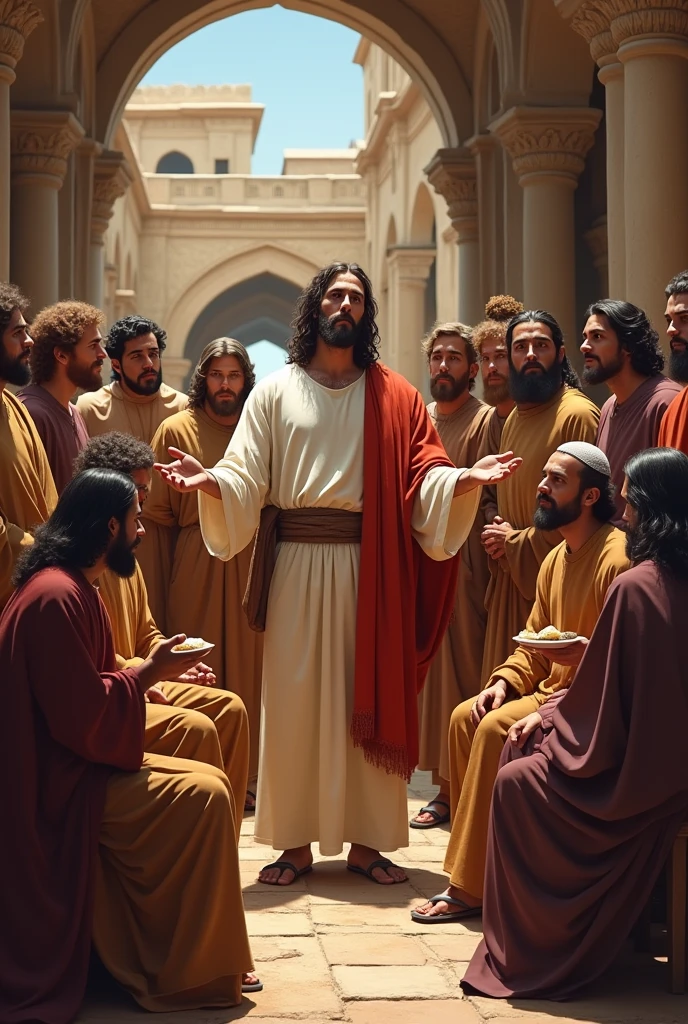 Illustrious Jesus in the center, surrounded by Pharisees and teachers of the Law in traditional clothing, with a serious expression, teaching the crowd in ancient Judea. from beside, his disciples eat bread without washing their hands, while the Pharisees look on disapprovingly. The setting must include period elements, like copper jars and vessels, representing purification customs.